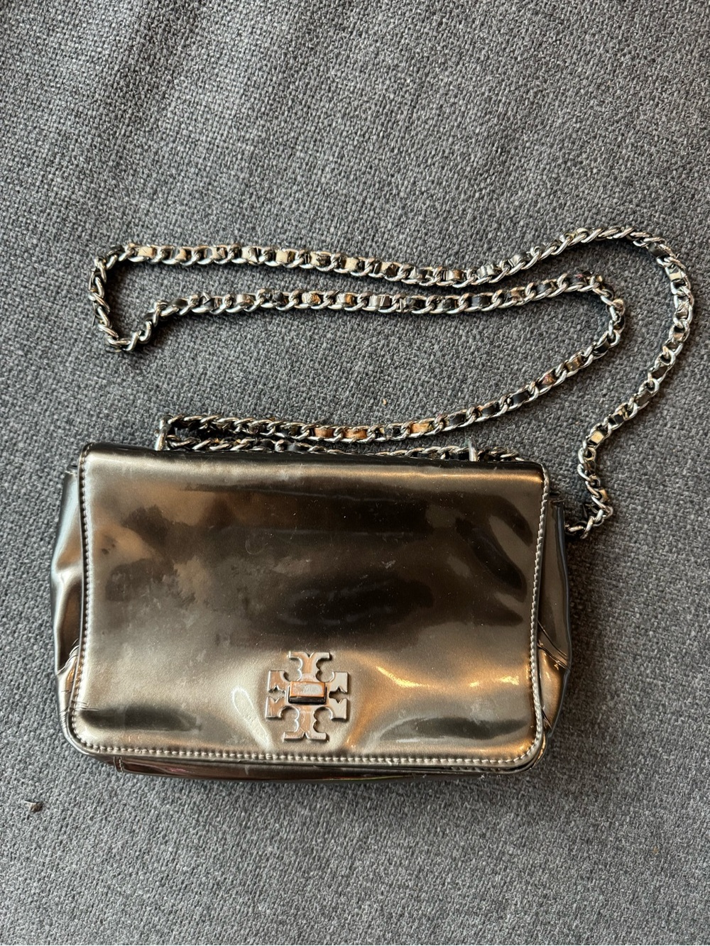 Tory Burch silver metallic crossbody bag with chain strap